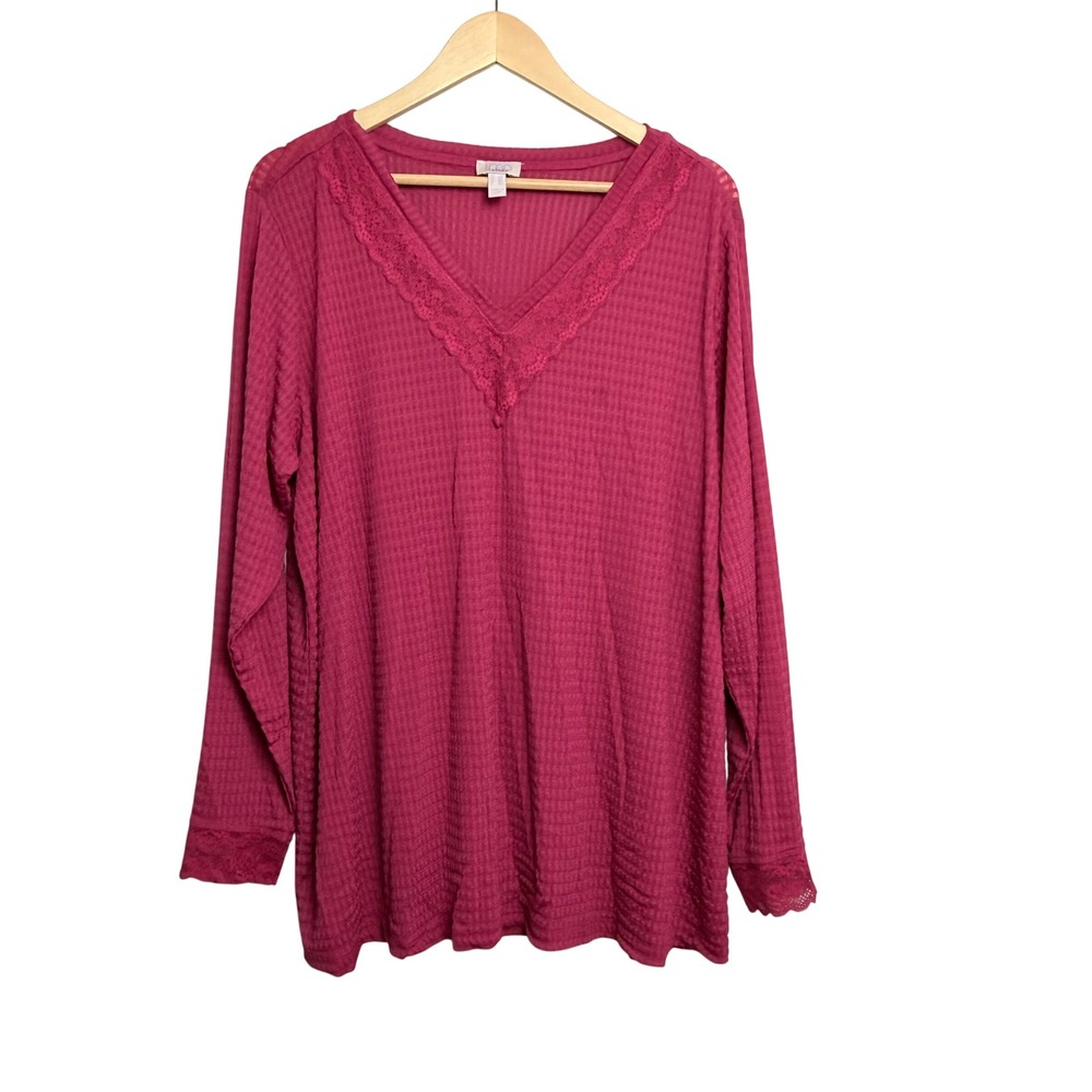 LOGO Layers by Lori Goldstein Magenta Pink Lace Trim V-Neck Top Waffle Knit 2X